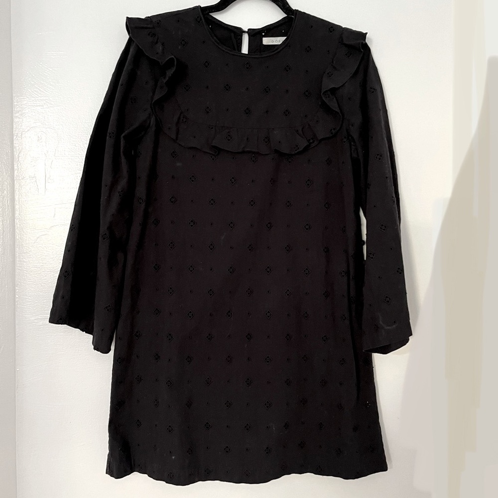 Doen small eyelet black cotton mini dress wide sleeve ruffle